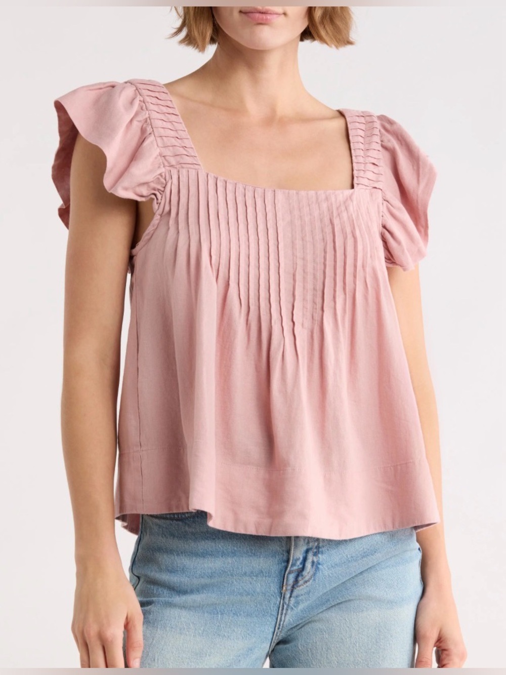 Joie Flutter Sleeve Square Neck Linen Blend Top - Pintuck Pleating, Pink, XS